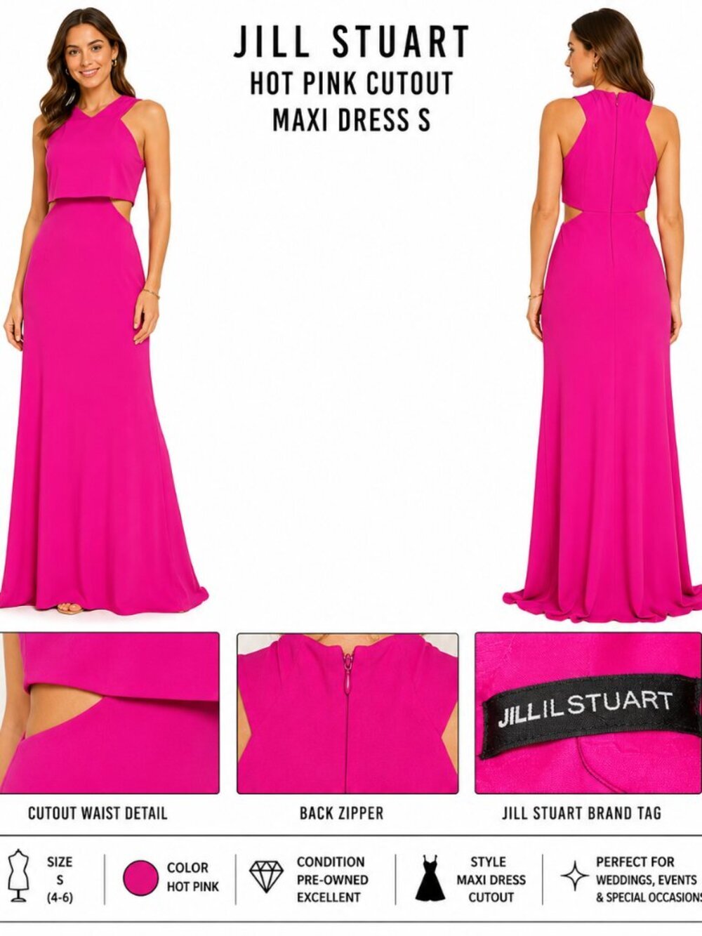 JILL STUART HOT PINK CUTOUT MAXI DRESS S